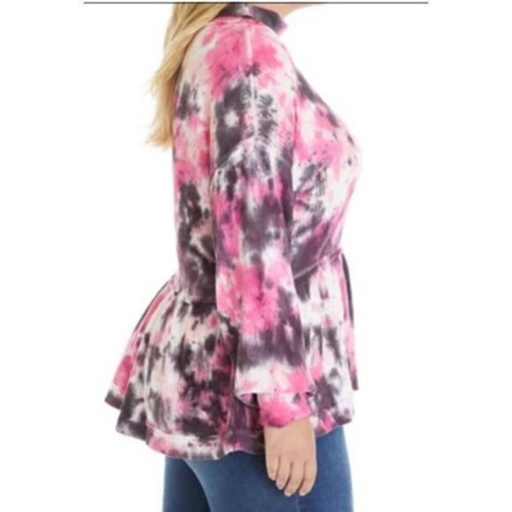 NEW Waffle Knit Pullover Top Shirt 12W‎ 0X Peplum Mock Neck Pink Purple Tie Dye
